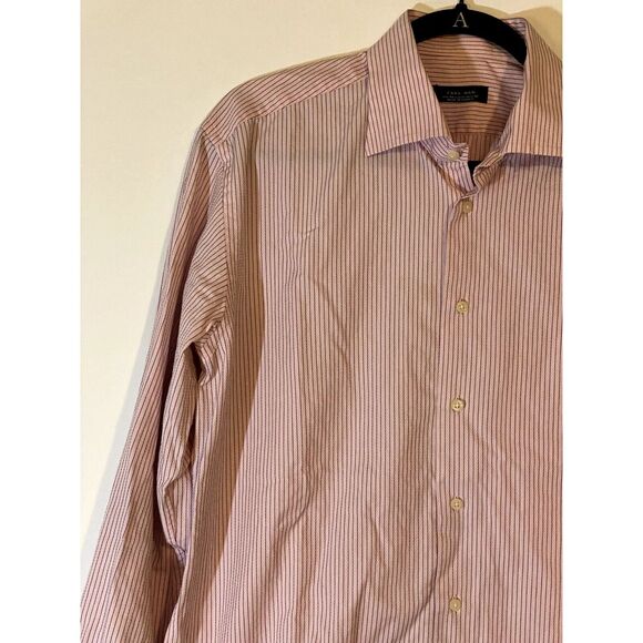 Zara Man US 17 Dress Shirt Mens Button Down Long Sleeve Collar Pink Red Stripe - Picture 5 of 13